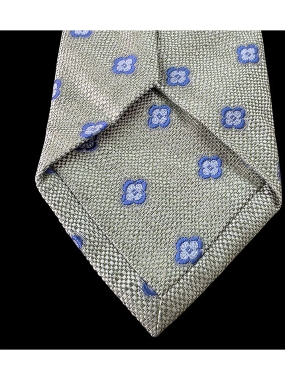 Peter Millar Handfolded Silk Tie Sage Green Blue Medallion Woven Texture 3.25x60